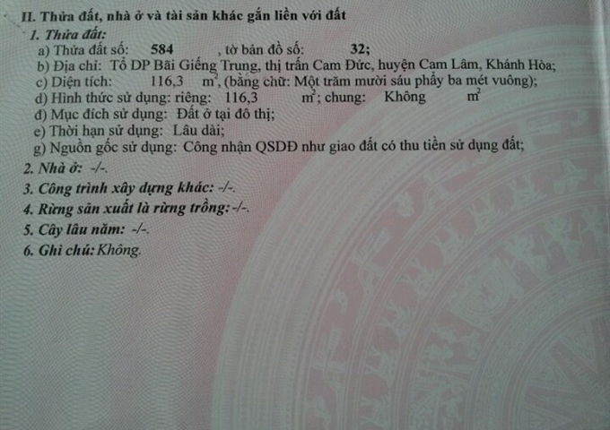 Cần bán lô đất 2 mặt tiền tại thôn Bãi Giếng Trung, Cam Đức, Cam Lâm, gần nhà thờ Nguyện