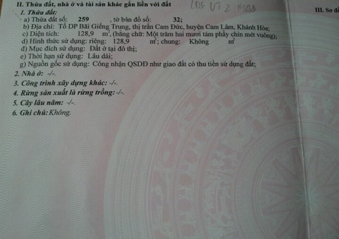 Cần bán lô đất 2 mặt tiền tại thôn Bãi Giếng Trung, Cam Đức, Cam Lâm, gần nhà thờ Nguyện
