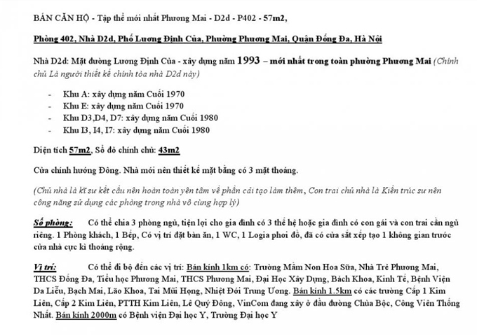 Bán căn hộ - tập thể mới nhất Phương Mai - D2D - P402- 57m2