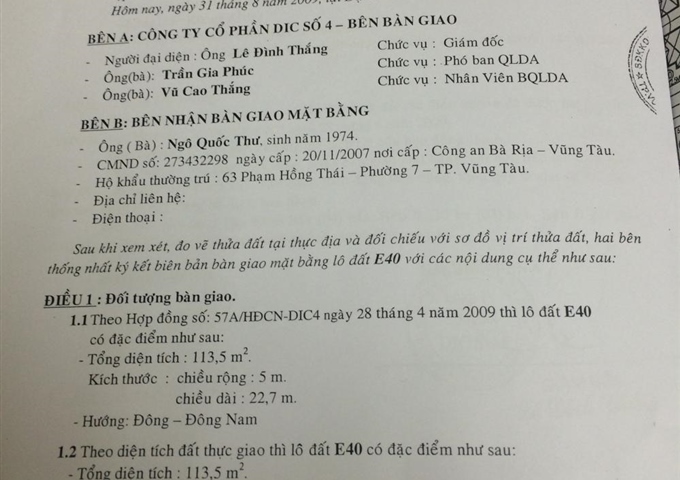 Cần tiền bán gấp đất khu dân cư đường Gò Cát, Phường Long Tâm, thị xã Bà Rịa