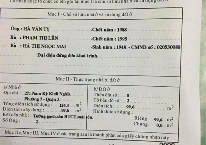 Bán nhà số 271 Nam Kỳ Khởi Nghĩa, P7, Q3