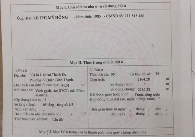 Về quê cần bán gấp căn hộ Lô L Cư Xá Thanh Đa, P. 27, Q. Bình Thạnh