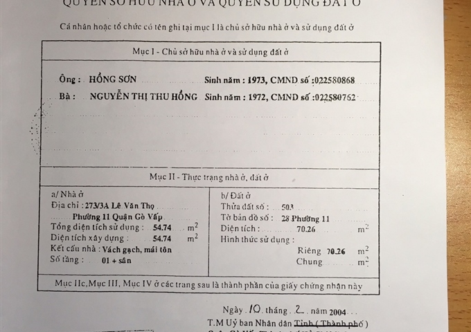 Chính chủ cần bán nhà số: 295/5 Lê Văn Thọ, P9, Gò Vấp, DT: 4 x 17.5m (70m2)