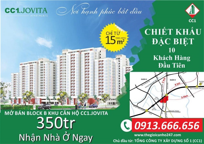 Bán căn hộ CC1 Jovita Bình Chánh, đường Nguyễn Văn Linh, ở ngay, gia từ 885 triệu - 1.2 tỷ/2PN