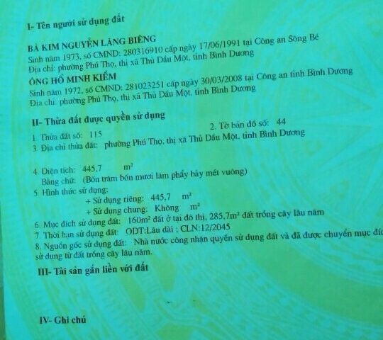 Bán nhà đất đường Lê Hồng Phong, khu phố 8 phường Phú Thọ, Thủ Dầu Một. Sổ chính chủ