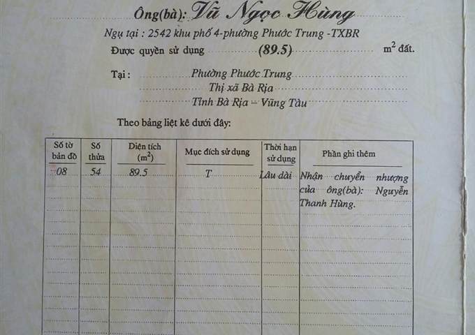 Bán nhà: 450/1 CMT8 – phường Phước Trung, TP Bà Rịa