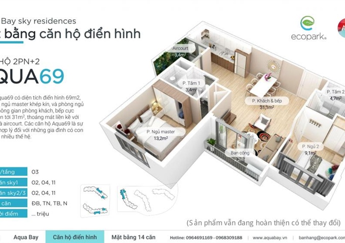 [chủ đầu tư] Ecopark bán căn hộ CC Aquabay Sky Residences view sân golf & mặt hồ. LH: 0942071988