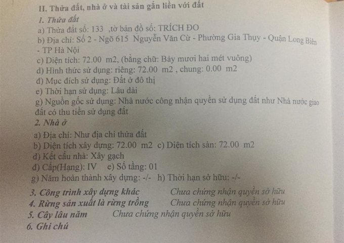 Cần bán nhà đất số 2 ngõ 615 Nguyễn Văn Cừ - Long Biên - Hà Nội