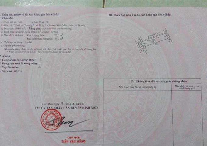 Bán đất Lưu Thượng 2, Hiệp An, Kinh Môn, Hải Dương. DT: 108m2, hướng Tây, giá 360 triệu