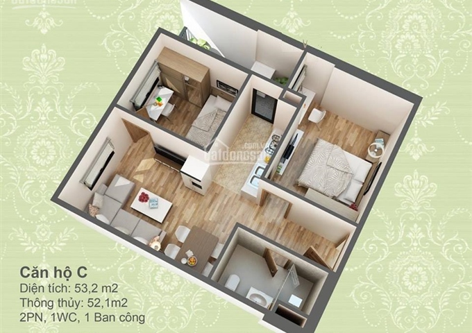 Bán chung cư HUD 3 Nguyễn Đức Cảnh 52m2 thiết kế 2 phòng ngủ, giá hời