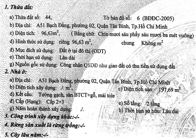 Nhà A51 Bạch Đằng, P2, Tân Bình 4x27m, 2 mặt tiền 0902614833 a. Minh. Hướng Đông Nam