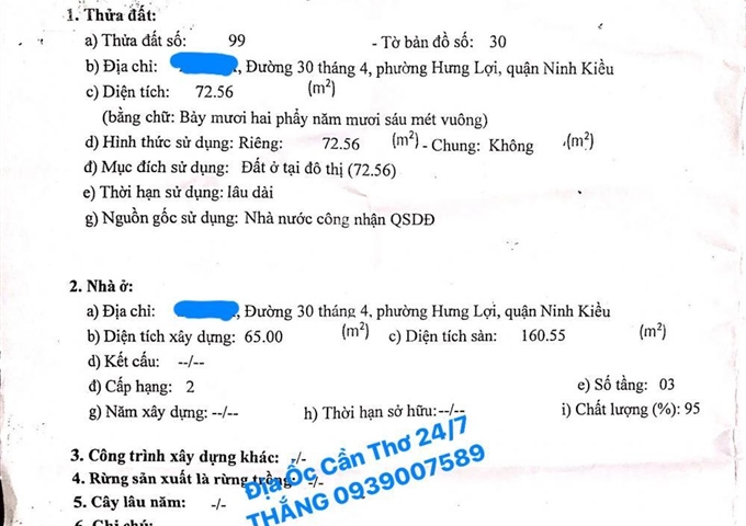Bán nhà 02 mặt tiền hẻm 391 đường 30/4, Phường Hưng Lợi, Quận Ninh Kiều