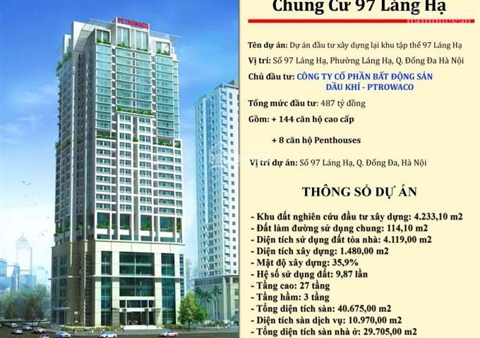 Bán chung cư 97-99 Láng Hạ, chung cư Petrowaco 97 Láng Hạ Đống Đa. DT: 88m2 - 116m2 - 137m2
