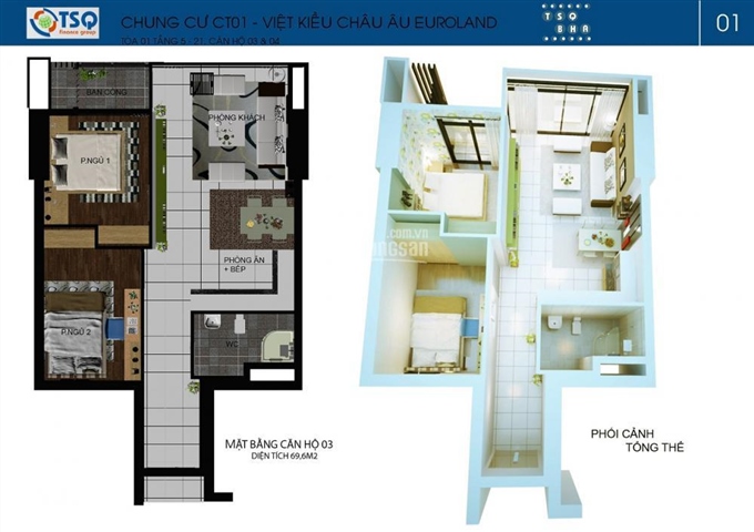 Bán căn 70m2 + 20m2 ban công, tòa T1 chung cư TSQ Euroland, giá 2 tỷ. LH 0966.152.599