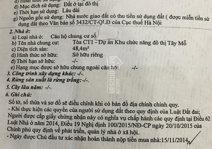 Mình cần bán CC CT1 dự án khu đô thị chức năng Tây Mỗ 48.5m2, 850triệu