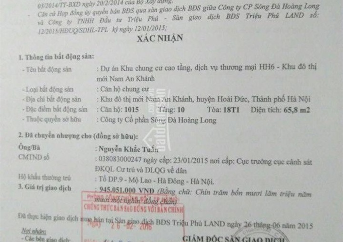 Bán gấp căn hộ tòa HH6 khu đô thị Nam An Khánh