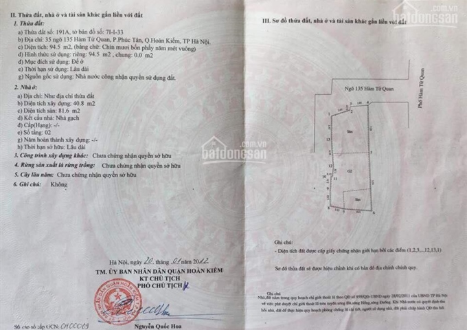 Chính chủ cần bán đất tại ngõ 135 phố Hàm Tử Quan, Hoàn Kiếm, Hà Nội