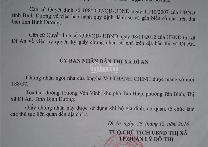 Nhà bán đường Trương Văn Vĩnh, KP Tân Hiệp, P Tân Bình, Dĩ An, Bình Dương