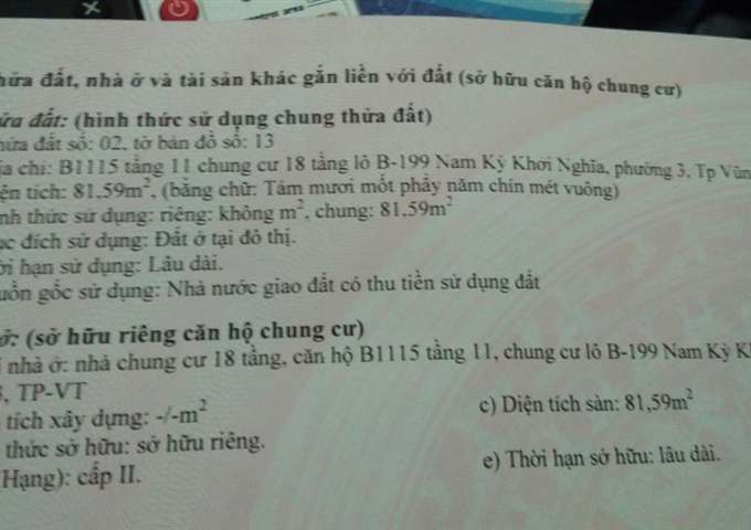 Cần tiền bán gấp căn hộ chung cư 199 Lô B, Nam Kỳ Khởi Nghĩa, Vũng Tàu
