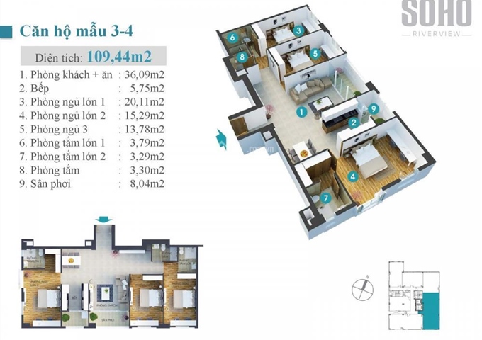 Bán căn hộ Soho Riverview (Bình Quới 1) 3PN/116.6m2 Quận Bình Thạnh