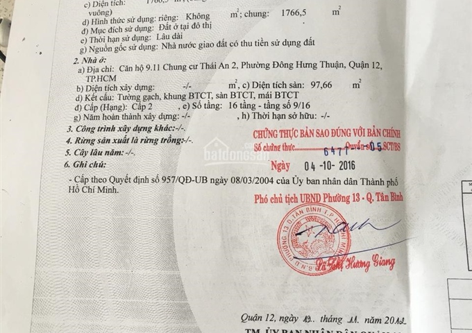 Bán chung cư Thái An 2, đường Nguyễn Văn Quá, quận 12