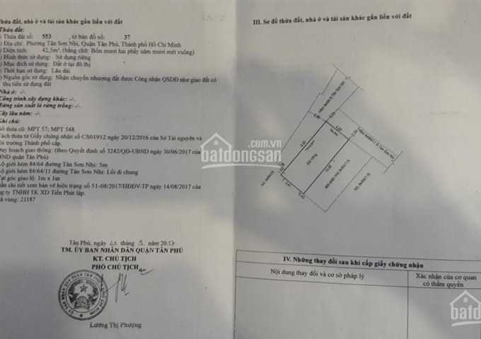 Bán đất kế nhà 84/64/11A hẻm 5m đường Tân Sơn Nhì, phường Tân Sơn Nhì, quận Tân Phú