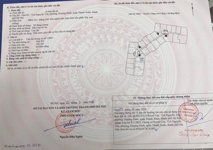 Chính chủ bán gấp căn hộ 12B21, nhà R3 Royal City Nguyễn Trãi, Thanh Xuân, SĐCC